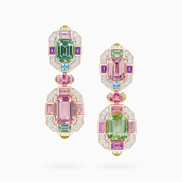 18K Rose & White Gold Tourmaline, Pink Sapphire, Amethyst, Peridot, Topaz Earrings	
