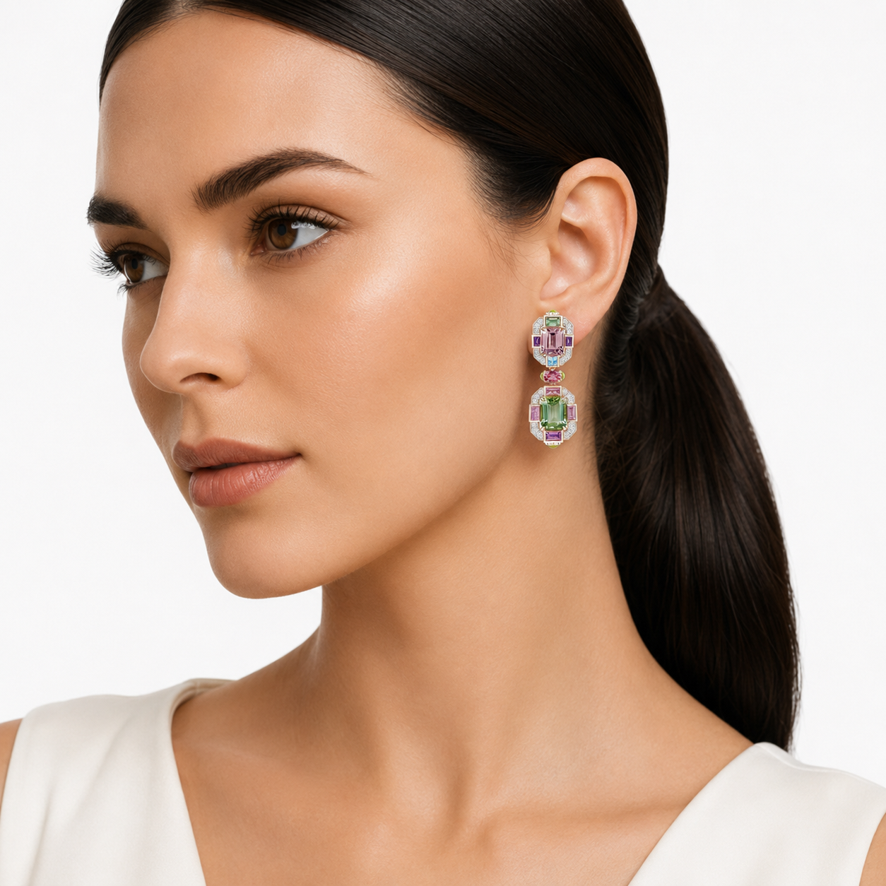 18K Rose & White Gold Tourmaline, Pink Sapphire, Amethyst, Peridot, Topaz Earrings Secondary image