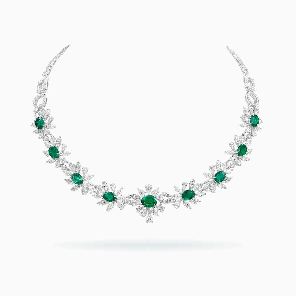 18K White Gold Emerald & Diamond Necklace	