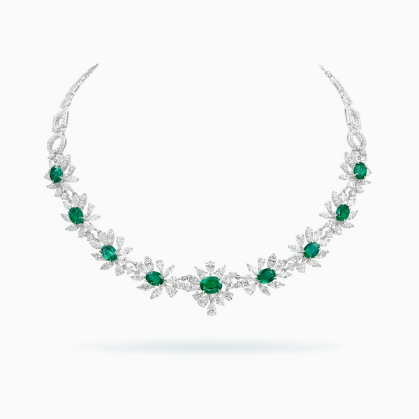 18K White Gold Emerald & Diamond Necklace	