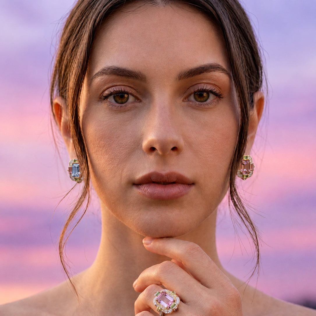 18K Rose & White Gold Kunzite, Topaz, Green Tourmaline, Pink Sapphire Earring